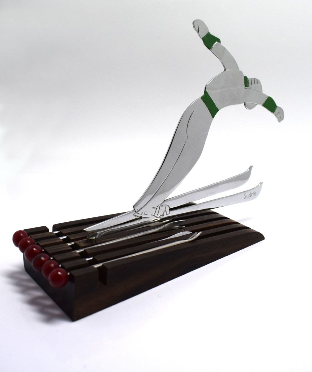 French Art Deco Ski Jumper Cocktail Sticks Picks Barware Sudre, 1930's  View V