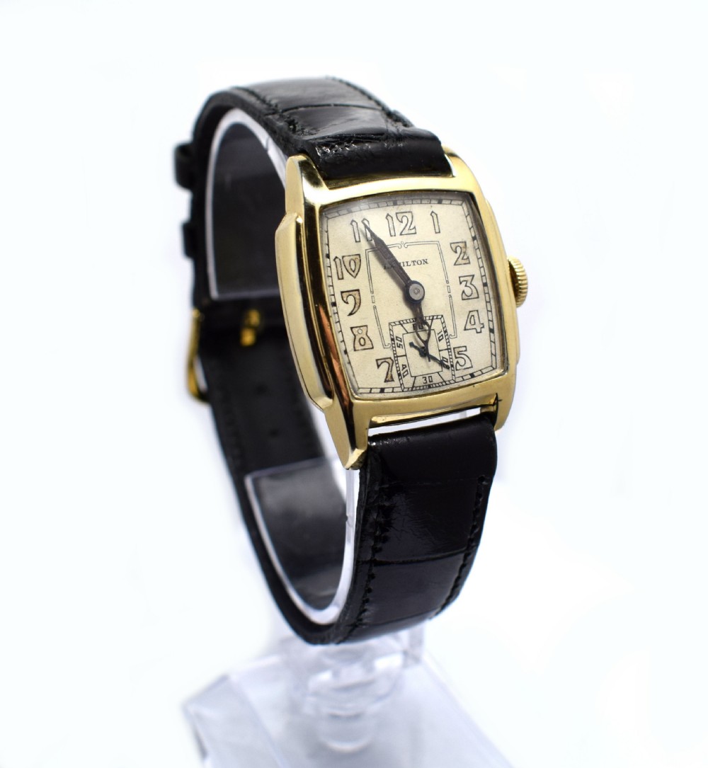 Art Deco 14 Karat Gold Filled Gents Watch by Hamilton View IV