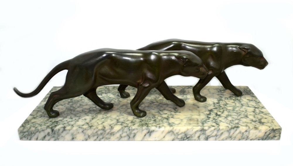Art Deco Panther Figures On A Solid Marble Base, 1930's