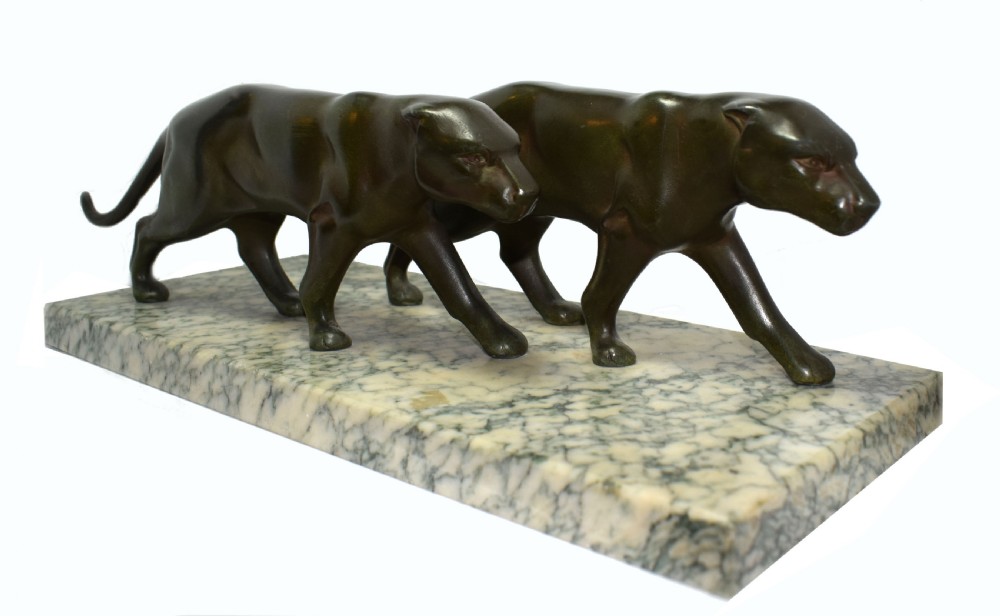 Art Deco Panther Figures On A Solid Marble Base, 1930's View II