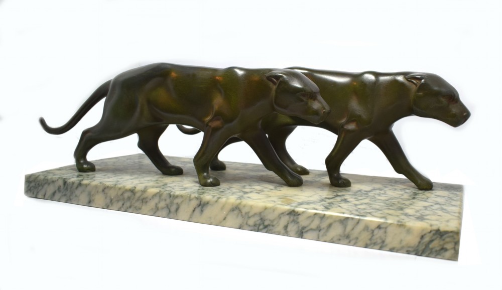 Art Deco Panther Figures On A Solid Marble Base, 1930's View VII