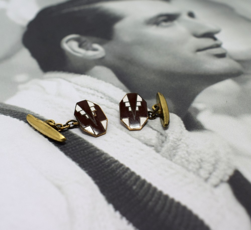 1930s Art Deco Gents's Skyscraper Enamel Cufflinks View V