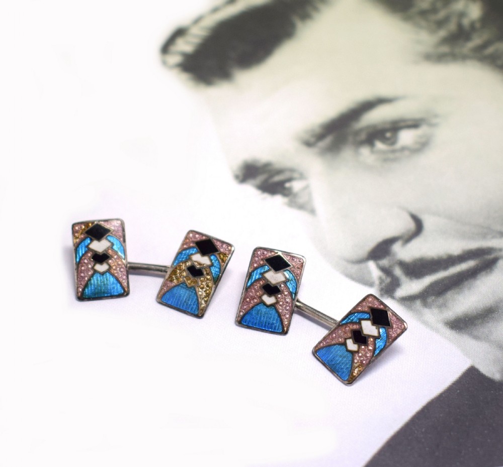Art Deco  Geometric Guilloche Enamel & Sterling Silver Cufflinks