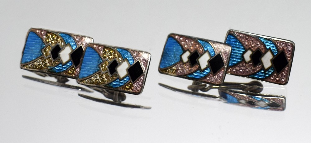 Art Deco  Geometric Guilloche Enamel & Sterling Silver Cufflinks View III