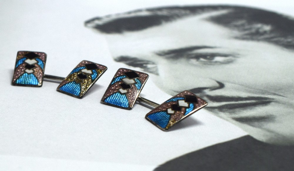 Art Deco  Geometric Guilloche Enamel & Sterling Silver Cufflinks View IV