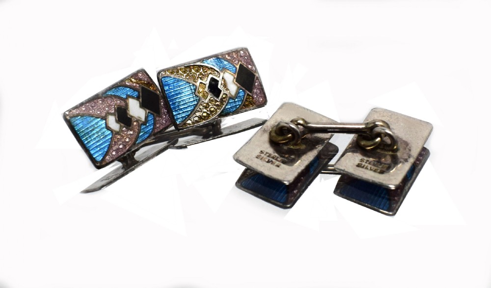 Art Deco  Geometric Guilloche Enamel & Sterling Silver Cufflinks View V