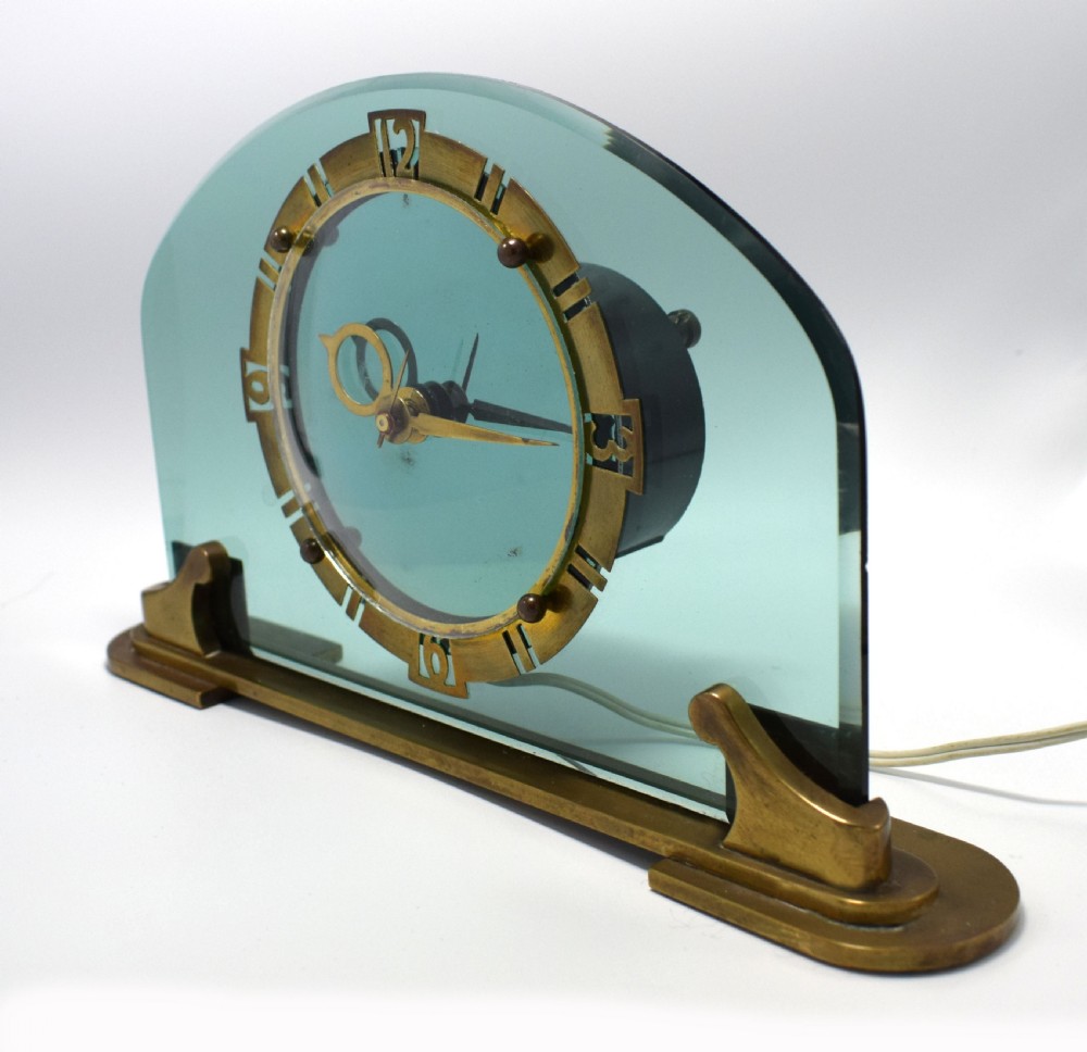 Rare and Stunning BEM LTD Art Deco Glass, Brass Electric Mantle Clock View II