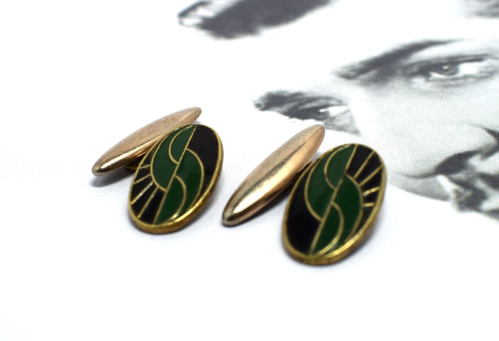 Art Deco Matching pair of Enamel Gents Cufflinks, circa 1930 View II