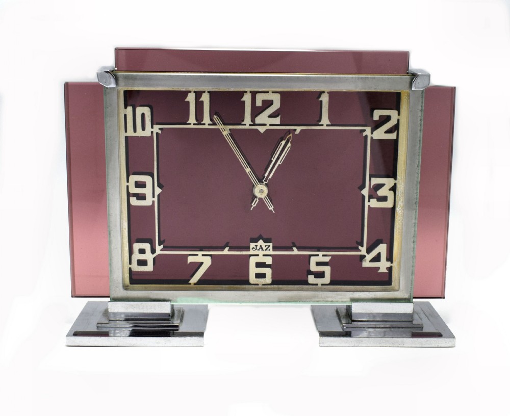 Large And Rare 1930s Art Deco French Pink Glass and Chrome Clock by Jaz