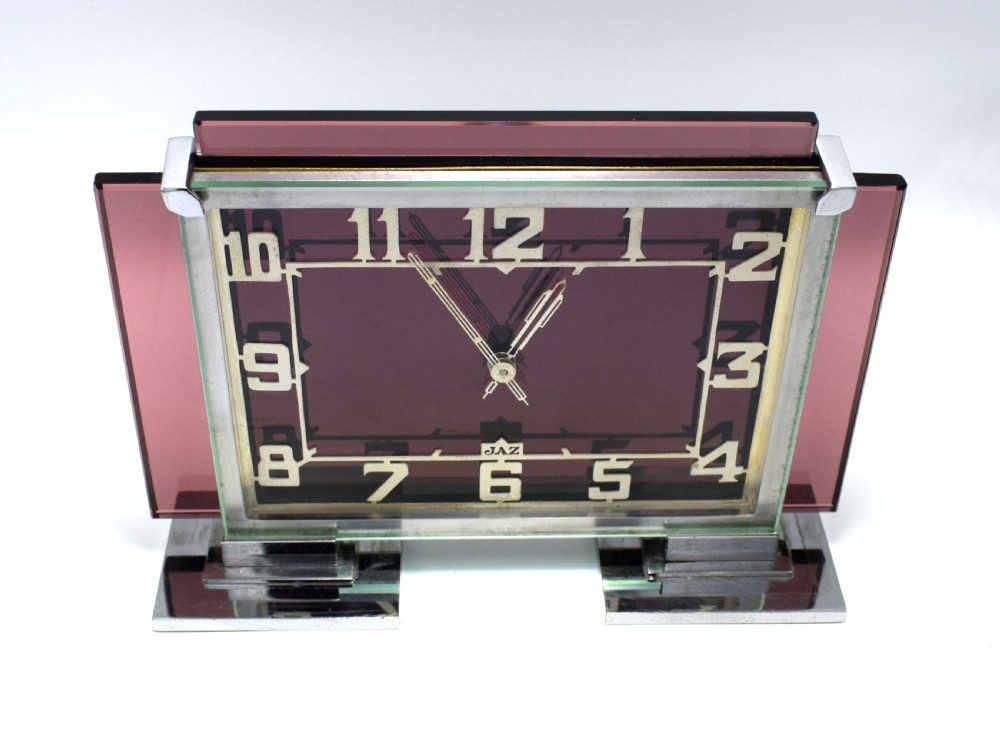 Large And Rare 1930s Art Deco French Pink Glass and Chrome Clock by Jaz View III