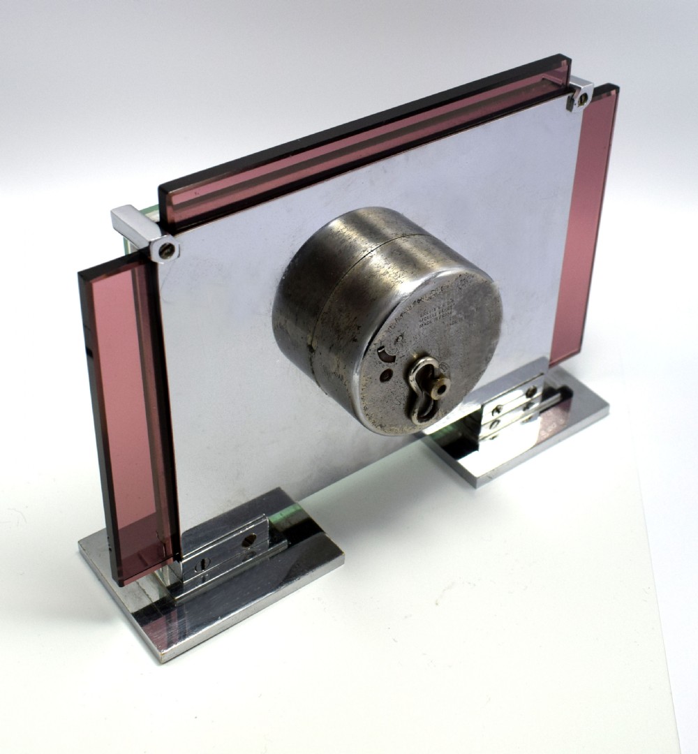 Large And Rare 1930s Art Deco French Pink Glass and Chrome Clock by Jaz View VIII