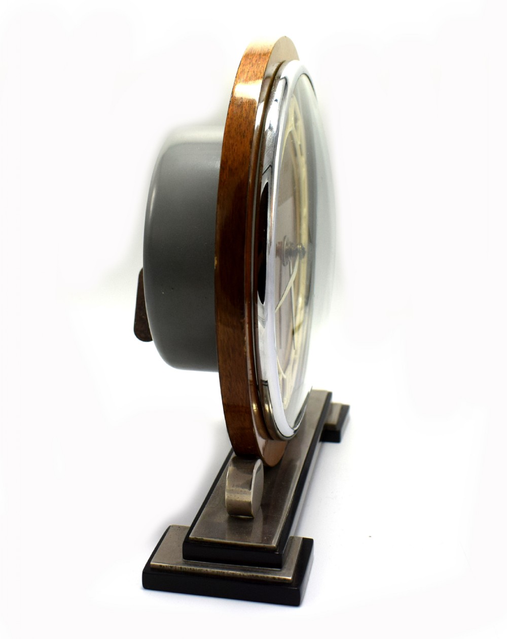 1930's Art Deco English Eight Day Wood, Chrome & Bakelite Clock View III