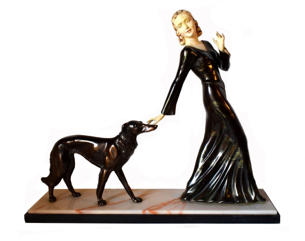 Huge Art Deco Figural Group By M. Secondo 'Lady And Her Dog'