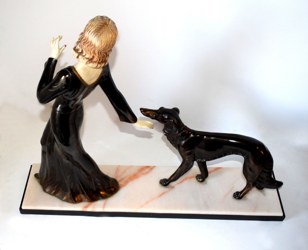 Huge Art Deco Figural Group By M. Secondo 'Lady And Her Dog' View II