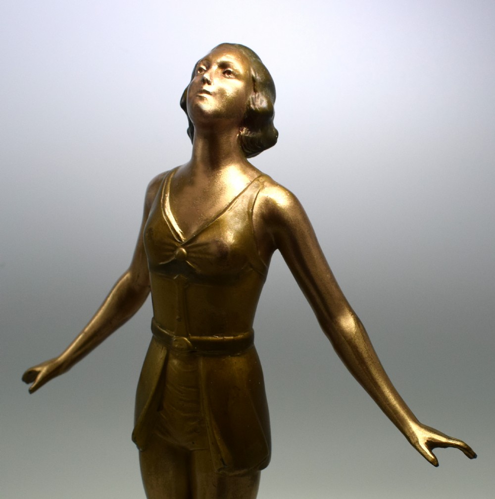 1930's Art Deco Spelter Figural Lady on Alabaster Base View VI