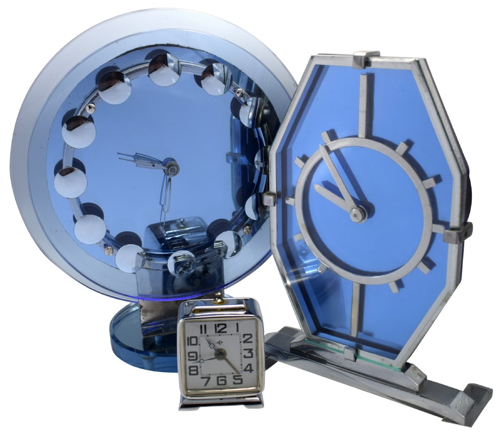 1930s Art Deco Blue Glass and Chrome Modernist Clock View VI