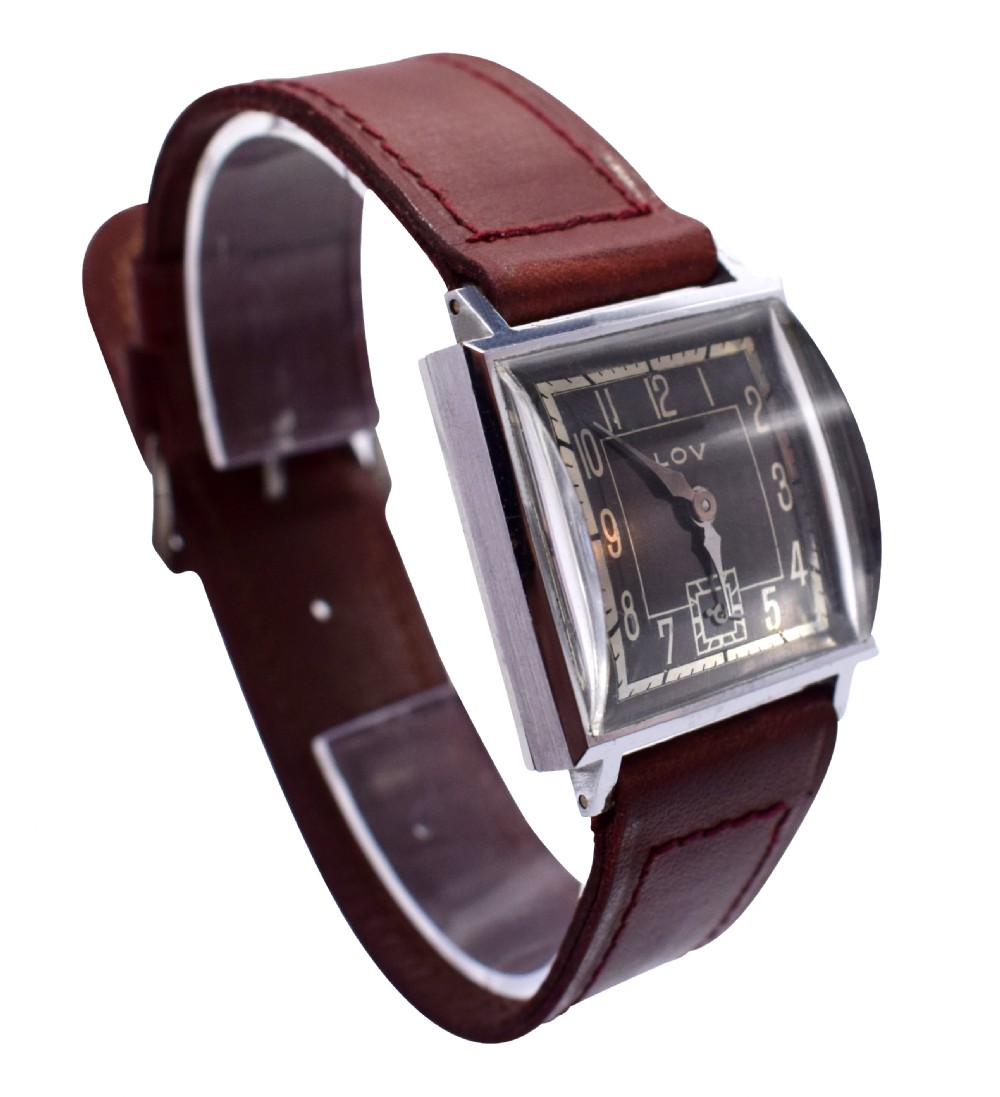 Original Art Deco Gents Wrist Watch by Lov or Never Worn, circa 1930 View VI