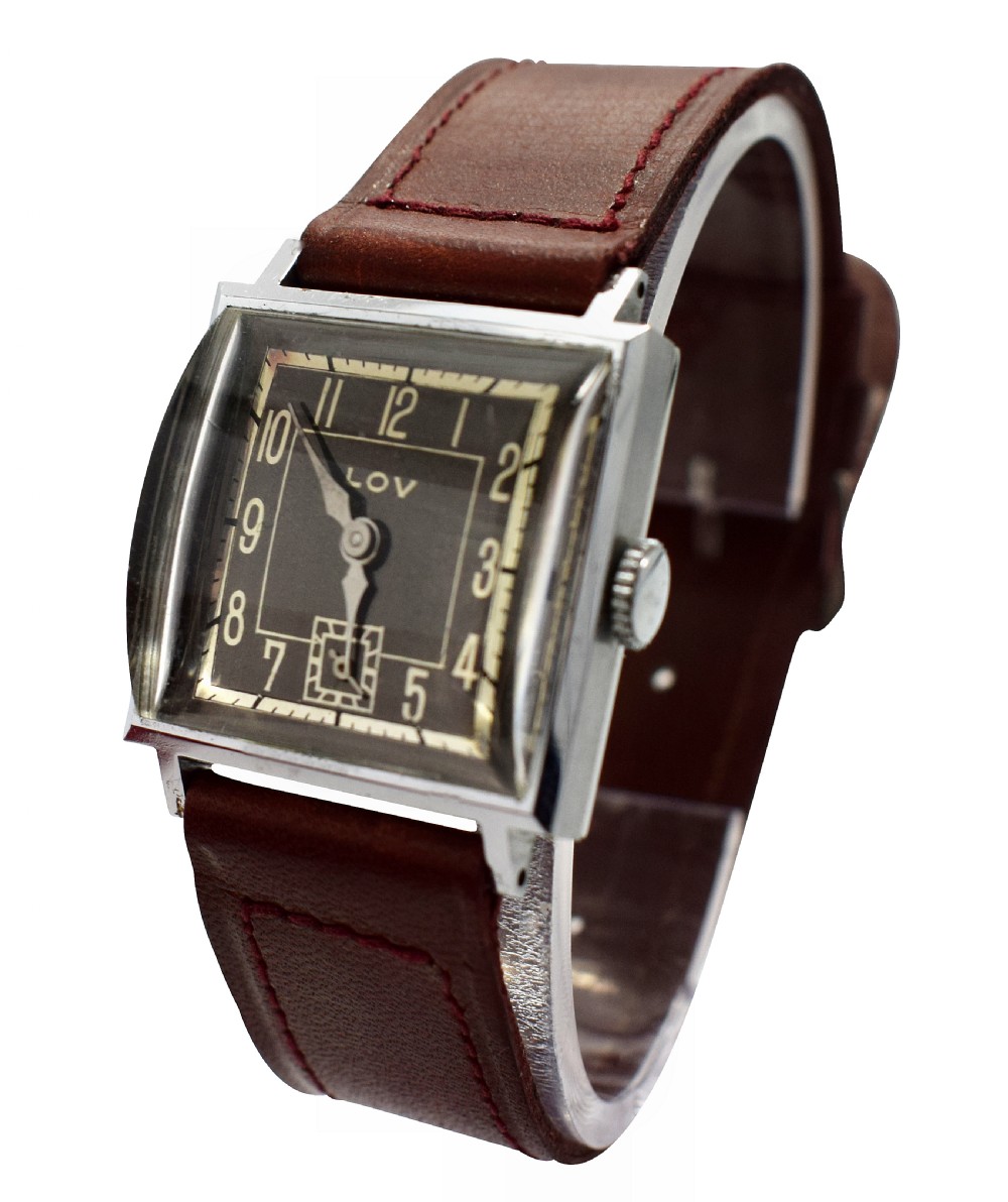 Original Art Deco Gents Wrist Watch by Lov or Never Worn, circa 1930 View IX