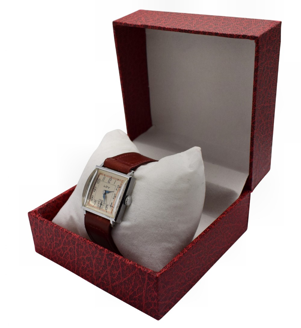 Stylish Art Deco Gents Wrist Watch by Lov or Never Worn, Circa 1930 View III