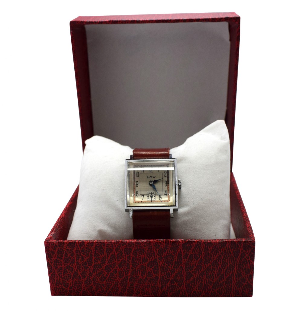 Stylish Art Deco Gents Wrist Watch by Lov or Never Worn, Circa 1930 View IV