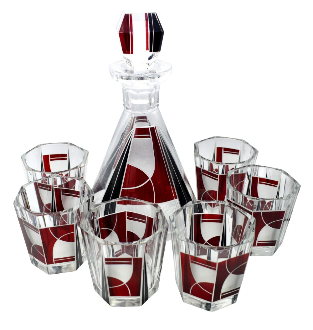 Art Deco 1930's Czech Geometric Glass Decanter Set