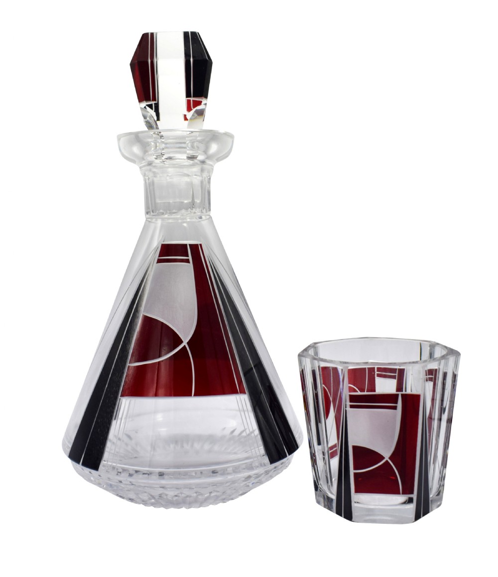 Art Deco 1930's Czech Geometric Glass Decanter Set View VII