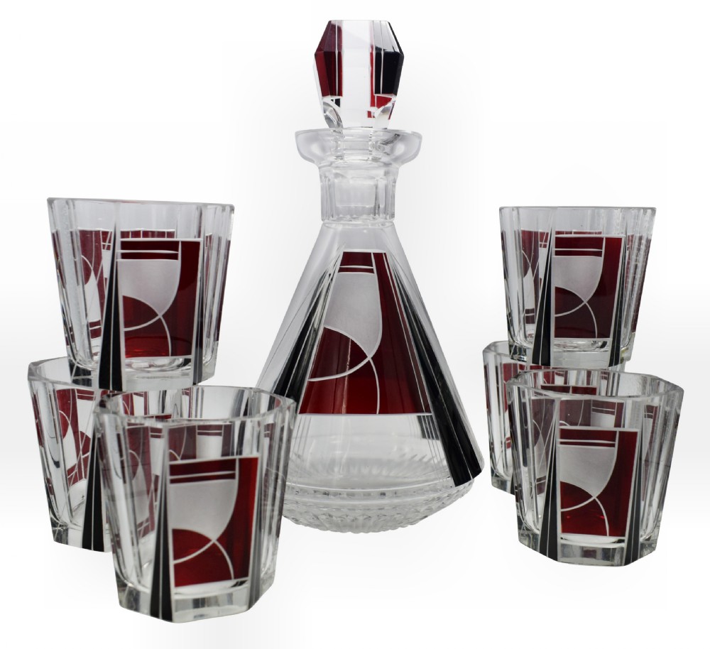 Art Deco 1930's Czech Geometric Glass Decanter Set View VIII