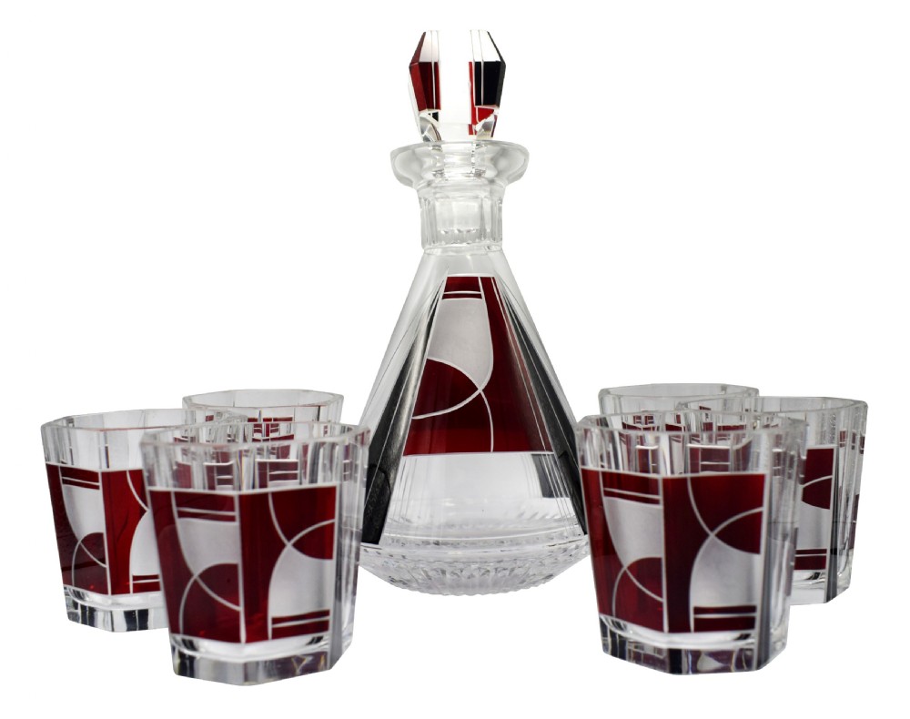Art Deco 1930's Czech Geometric Glass Decanter Set View IX