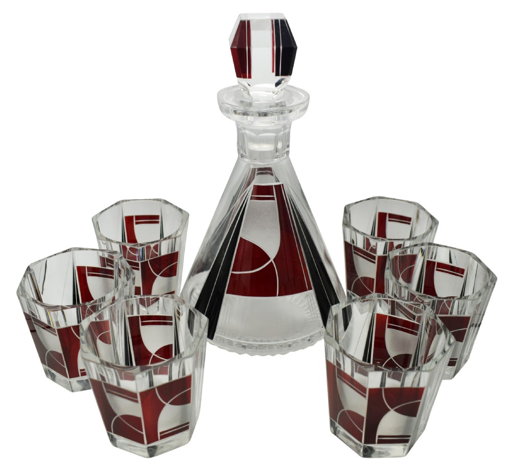 Art Deco 1930's Czech Geometric Glass Decanter Set View X