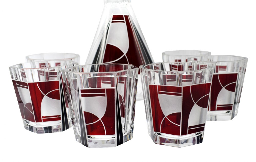 Art Deco 1930's Czech Geometric Glass Decanter Set View XI