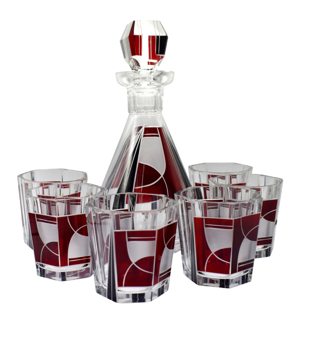 Art Deco 1930's Czech Geometric Glass Decanter Set View XII