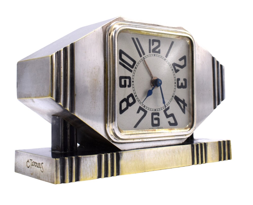 Art Deco Silvered Bronze Machine Age Alarm Clock View IV