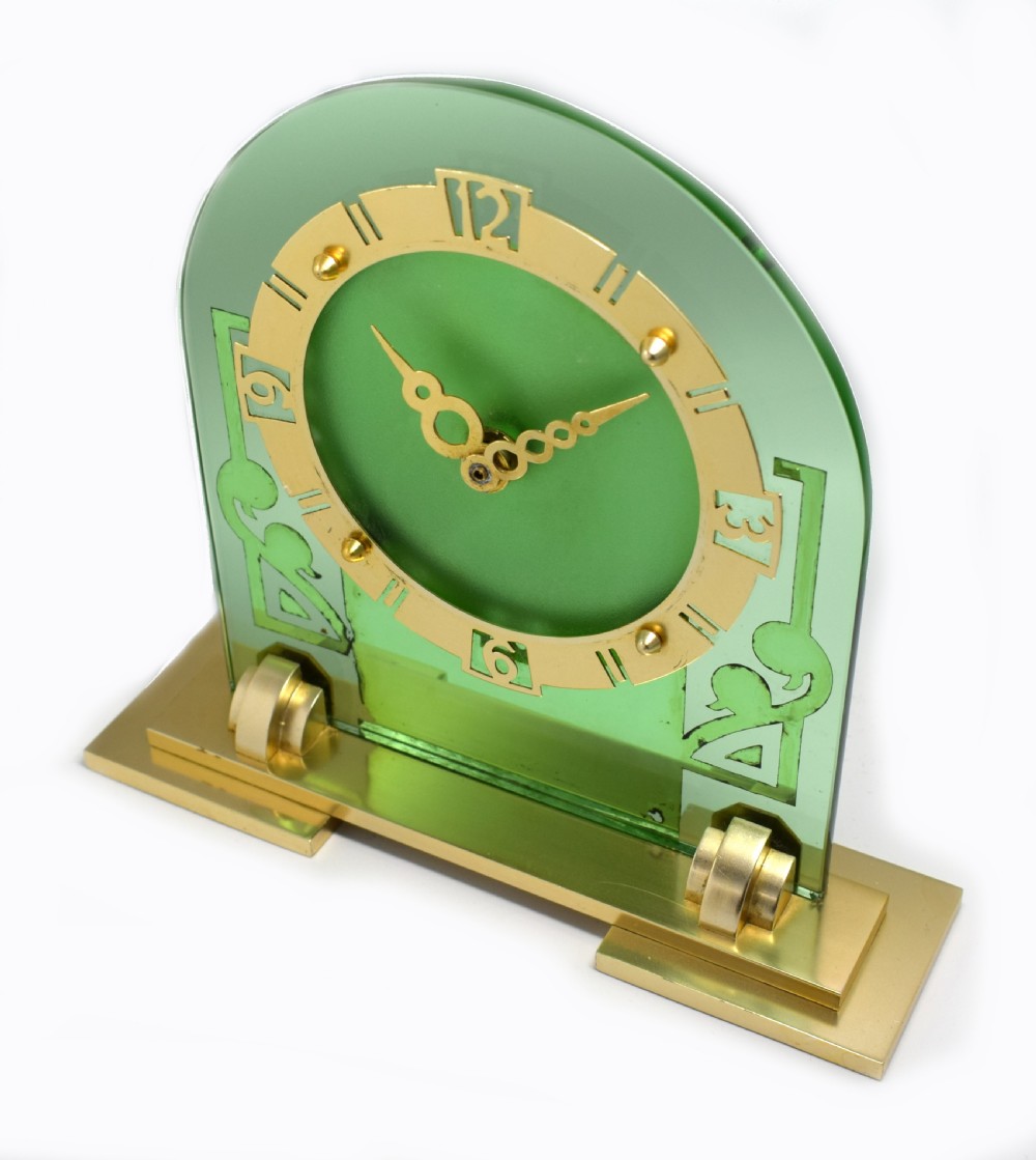 Large Art Deco Green Mirror Mantle Clock View V