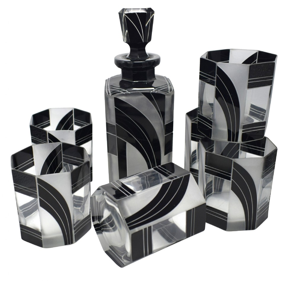 Art Deco Czech Black and Clear Glass Whisky Decanter Set