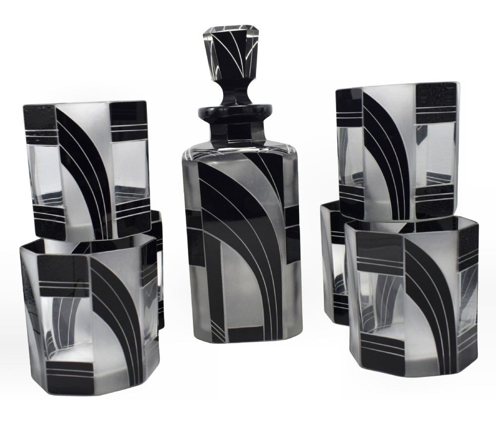 Art Deco Czech Black and Clear Glass Whisky Decanter Set View II