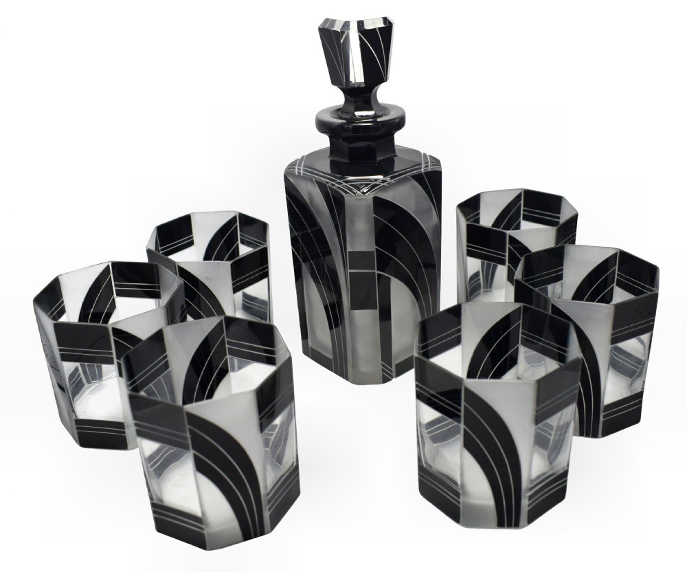 Art Deco Czech Black and Clear Glass Whisky Decanter Set View III