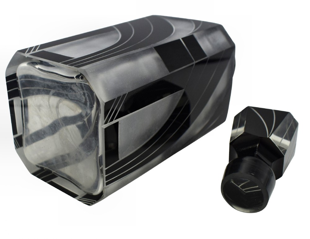Art Deco Czech Black and Clear Glass Whisky Decanter Set View VI