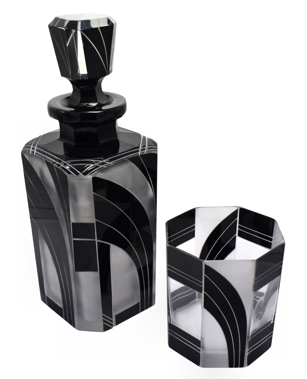 Art Deco Czech Black and Clear Glass Whisky Decanter Set View IX