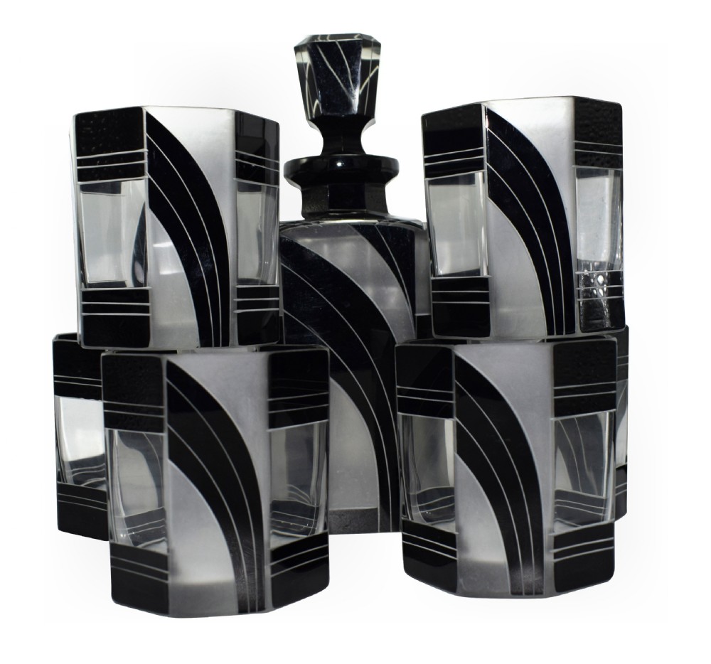 Art Deco Czech Black and Clear Glass Whisky Decanter Set View X