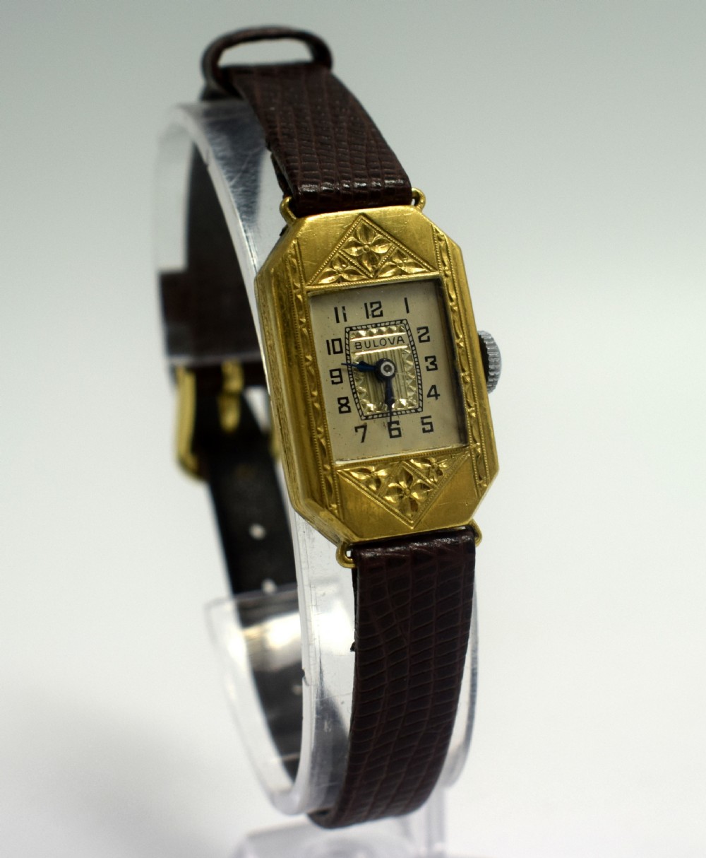 Art Deco Ladies Gold Plated Wrist Watch by Bulova View VII