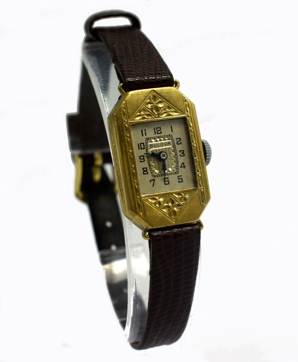 Art Deco Ladies Gold Plated Wrist Watch by Bulova View VIII