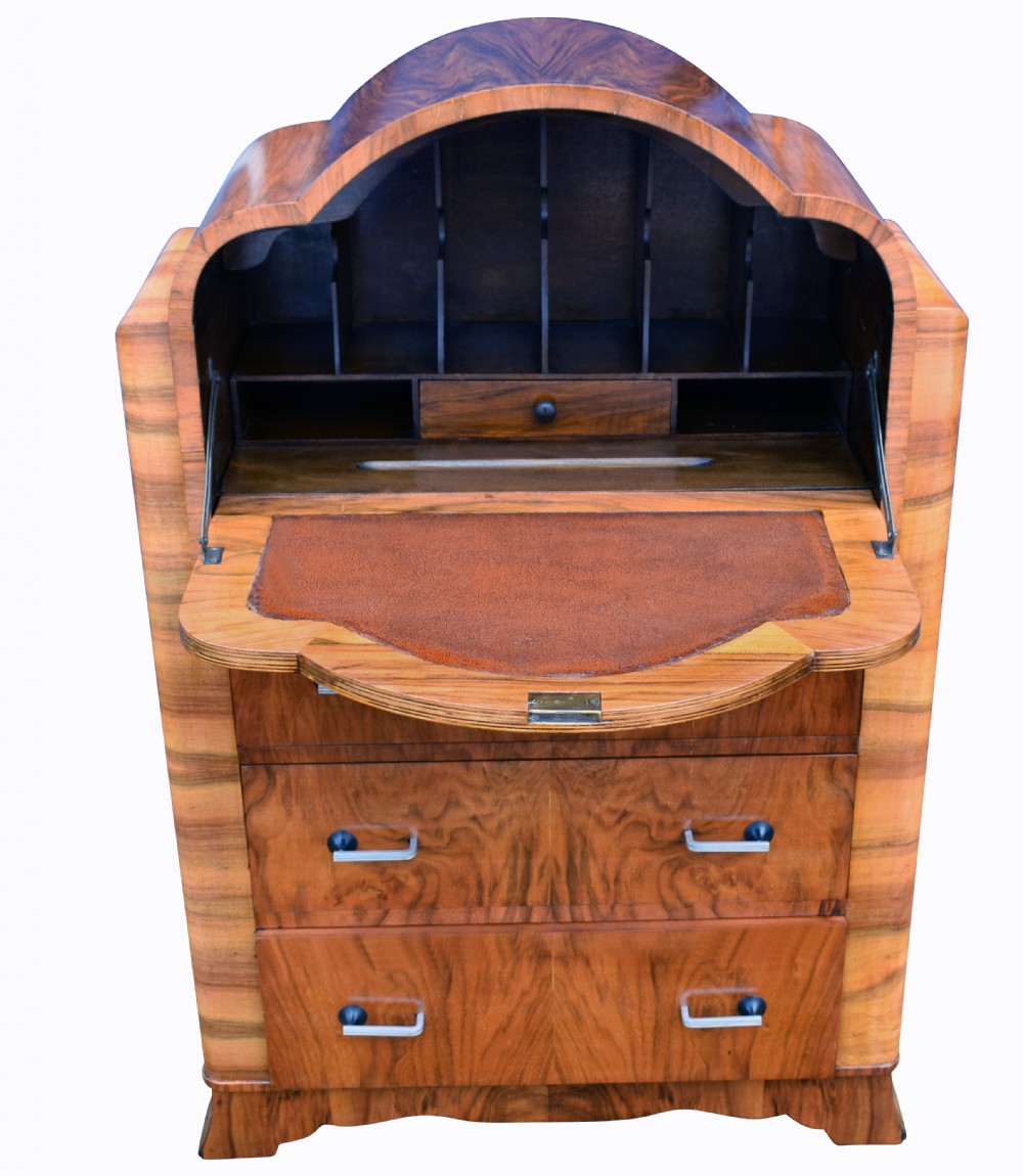 English Art Deco Burl Walnut Cloud Bureau View II