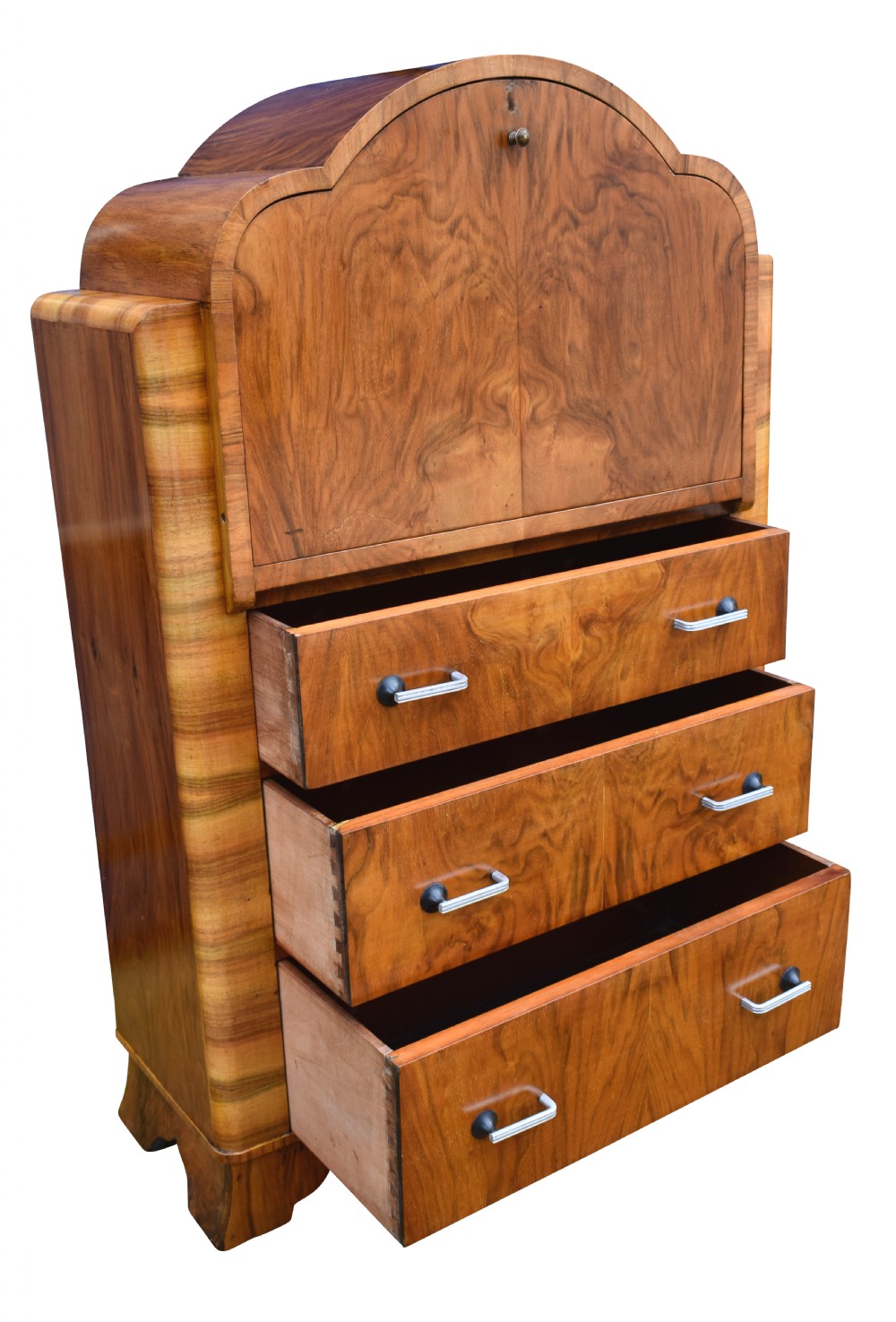 English Art Deco Burl Walnut Cloud Bureau View III