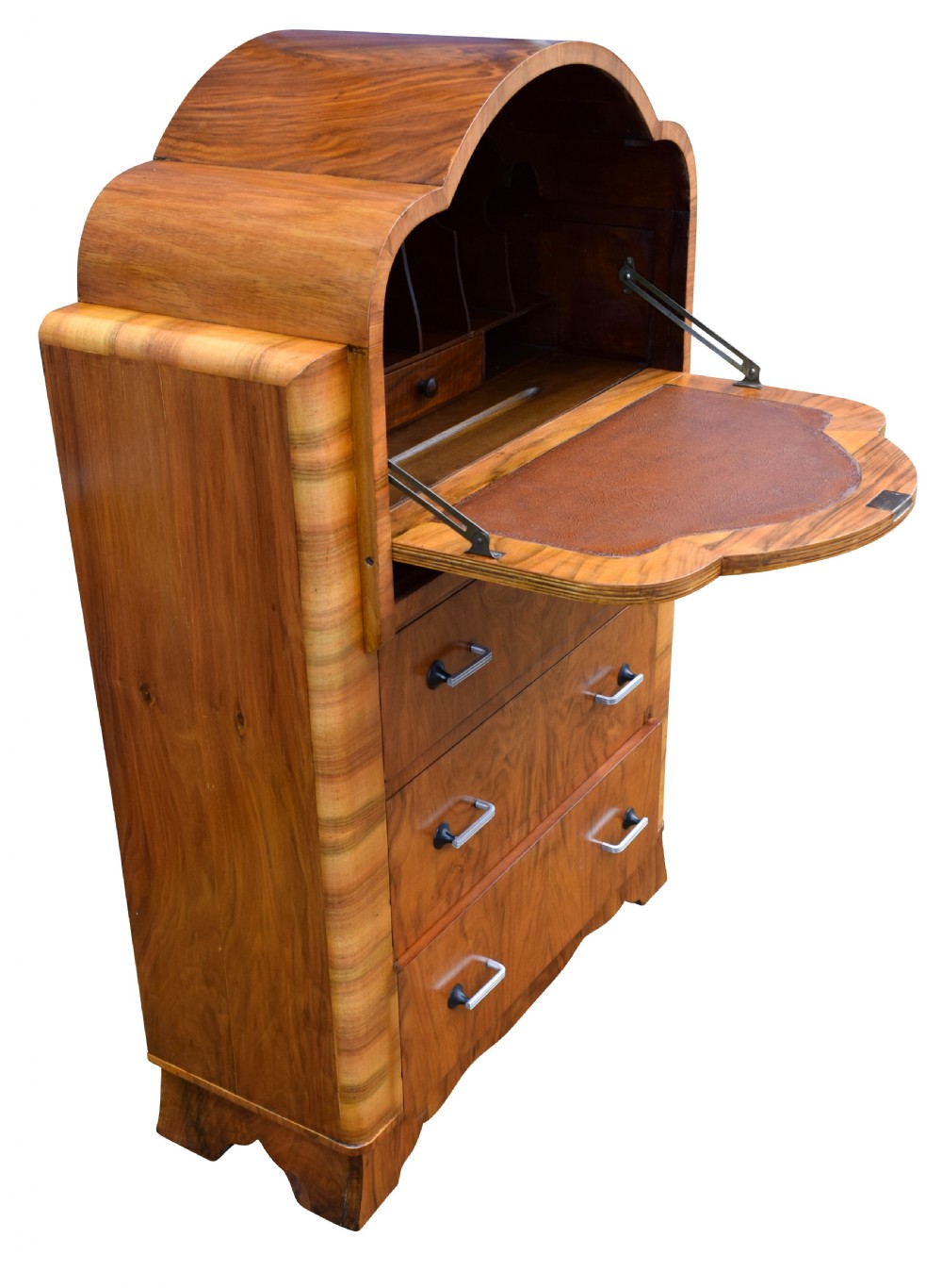 English Art Deco Burl Walnut Cloud Bureau View IV
