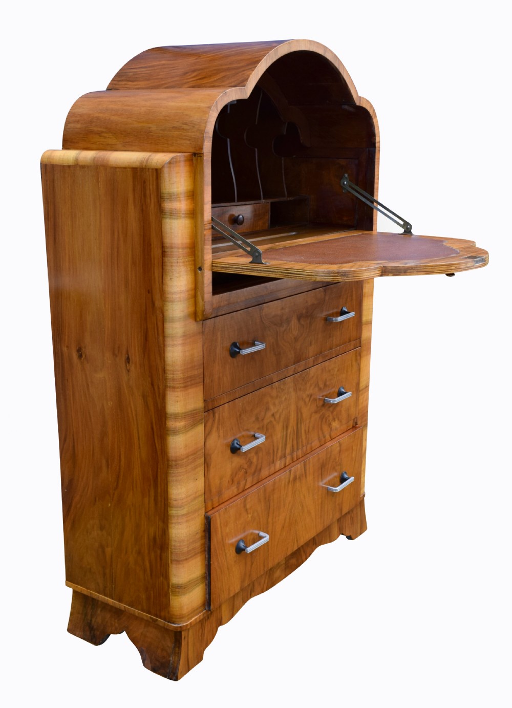 English Art Deco Burl Walnut Cloud Bureau View V