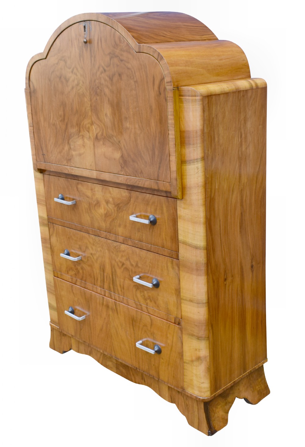 English Art Deco Burl Walnut Cloud Bureau View VI