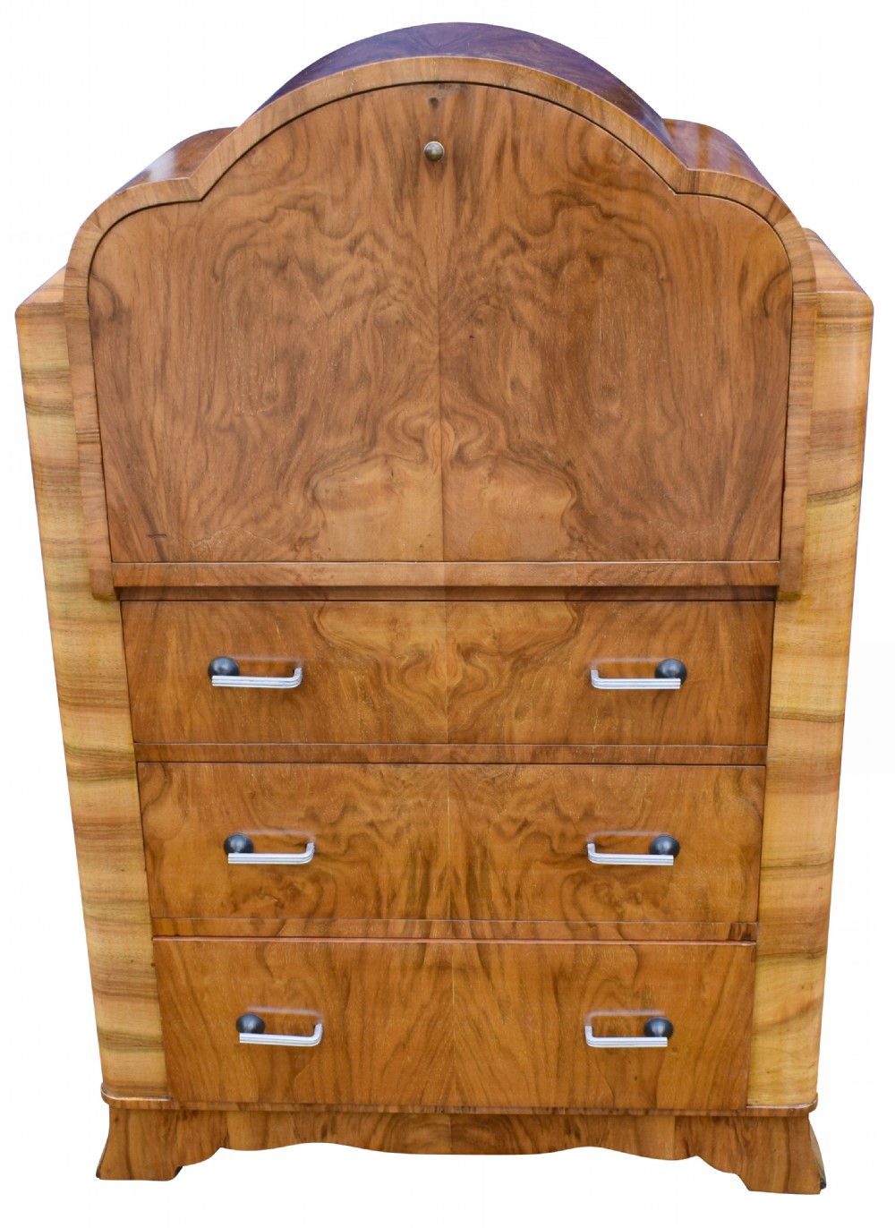 English Art Deco Burl Walnut Cloud Bureau