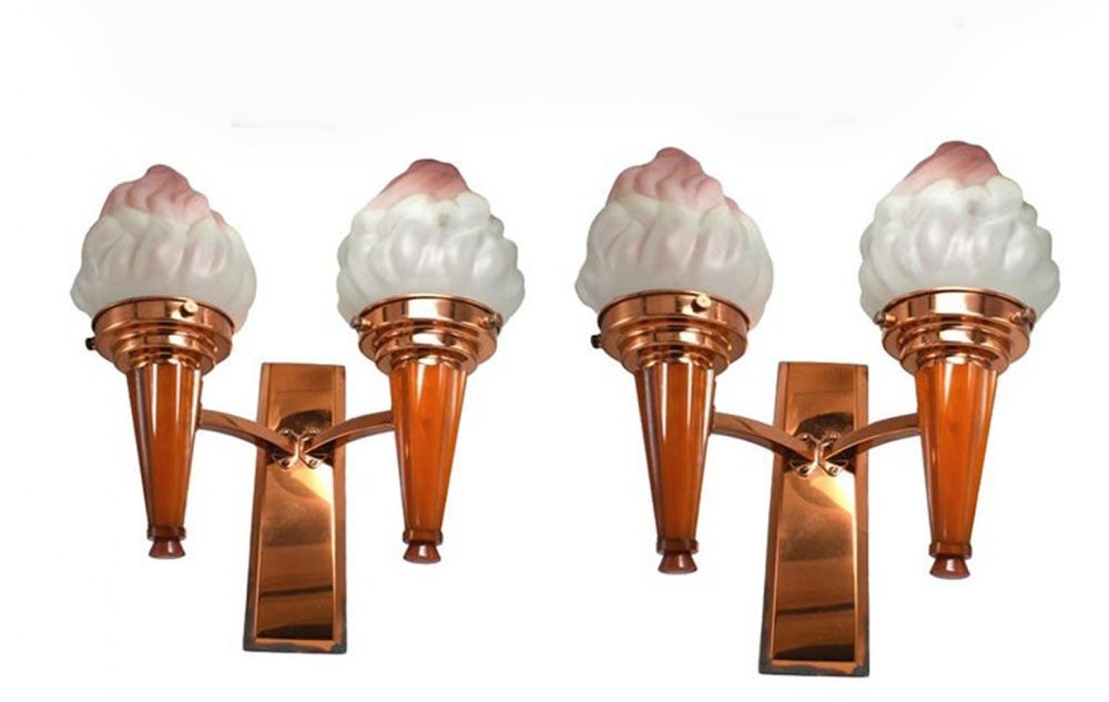 Art Deco Pair Of  Matching Flame Wall Light Sconces, Circa 1930's