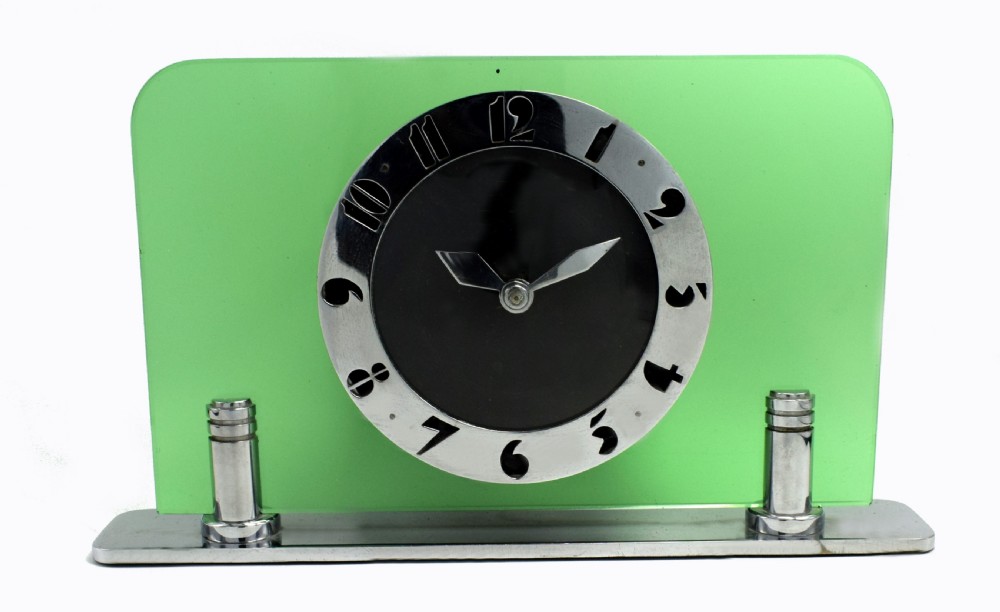 Art Deco Green Glass & Chrome Electric Mantle Clock By Smiths, Circa 1930
