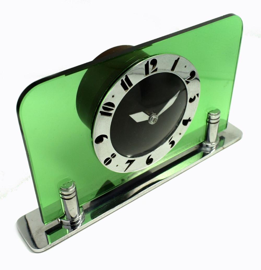 Art Deco Green Glass & Chrome Electric Mantle Clock By Smiths, Circa 1930 View II